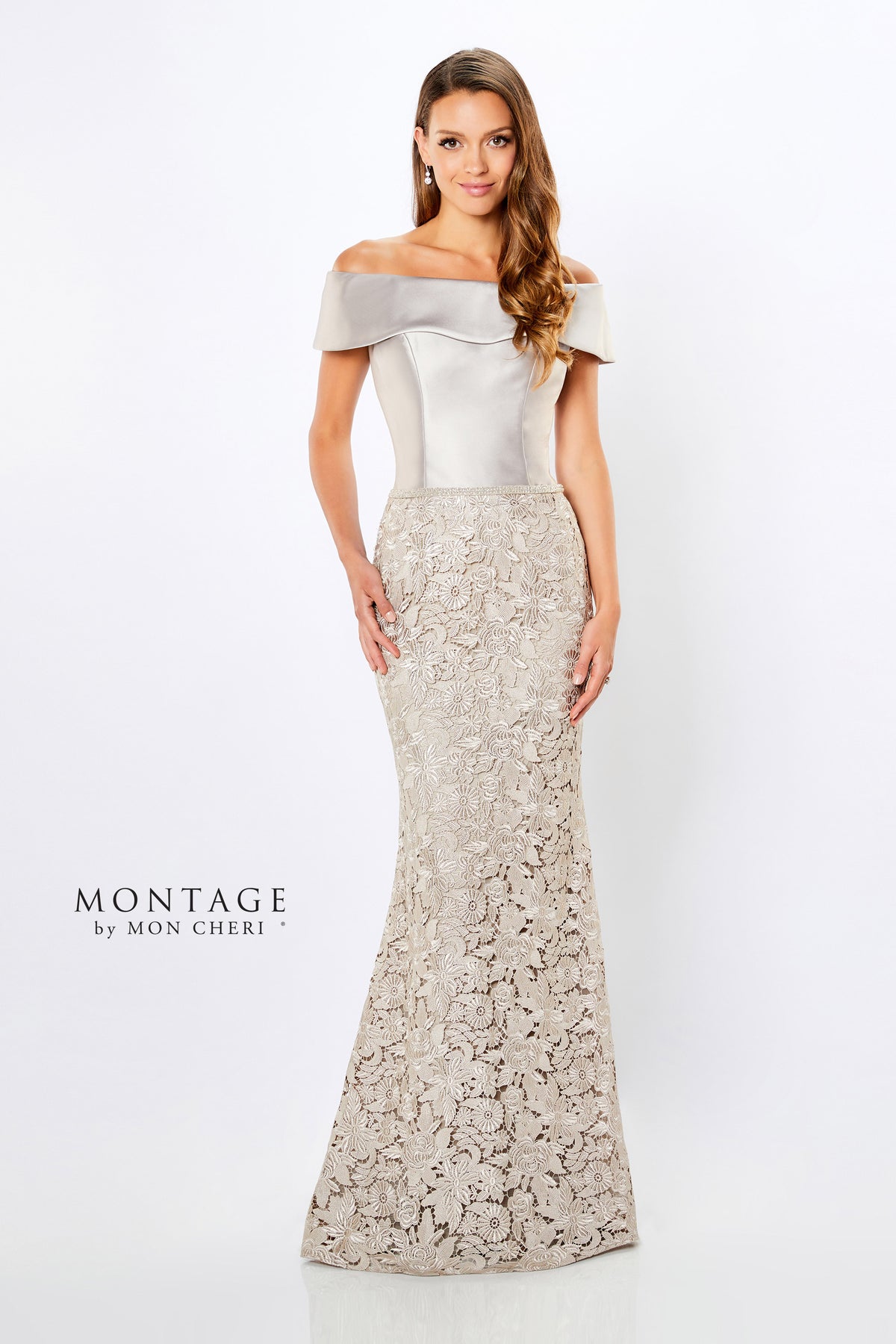 Mikado and Venise Lace Off Shoulder Gown