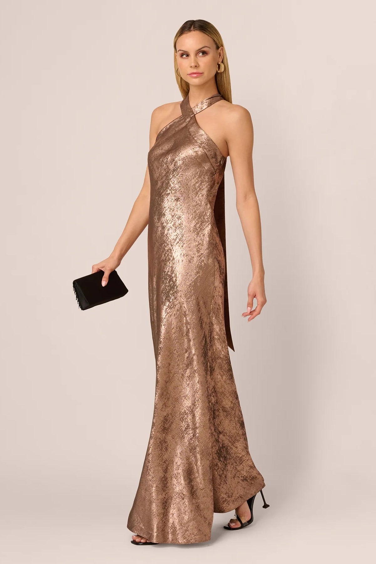 Mocha Foiled Woven Halter Gown