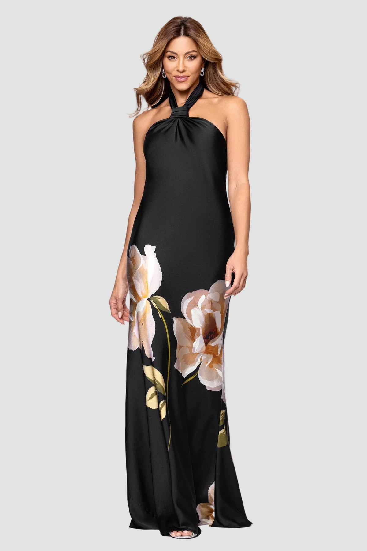 Nyla Floral Satin Knot Neck Dress