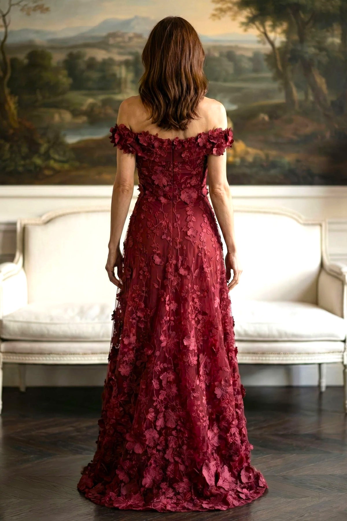 Off Shoulder 3D Floral Applique A-Line Gown
