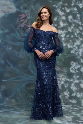 Off Shoulder Beaded Gown with Bishop Sleeves