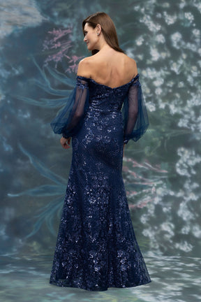 Off Shoulder Beaded Gown with Bishop Sleeves