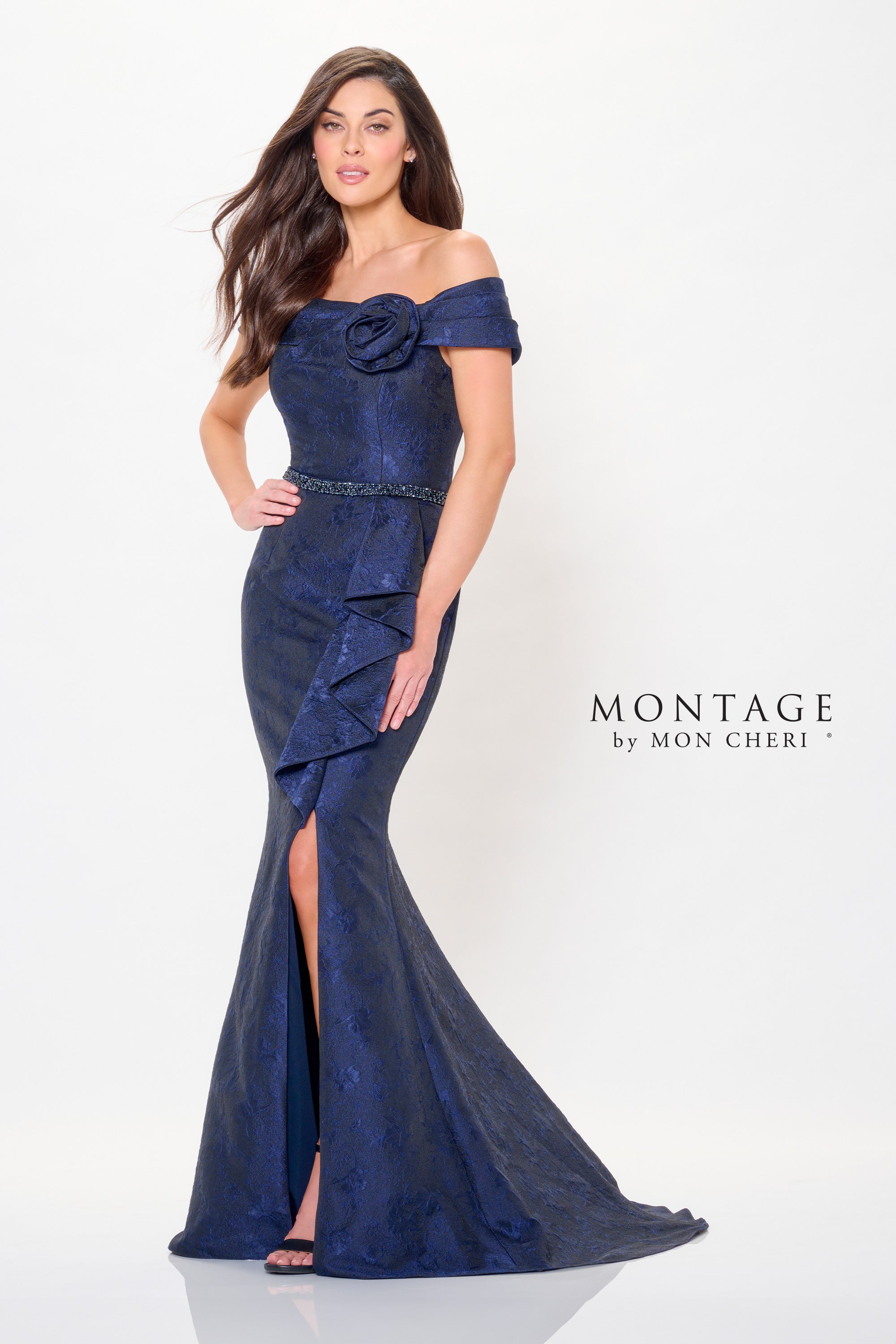 Off Shoulder Brocade Cascading Ruffle Gown | Lizzy's by Cathy Allan