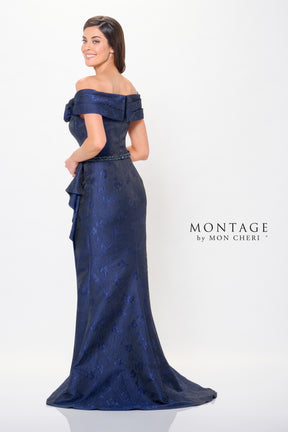 Off Shoulder Brocade Cascading Ruffle Gown