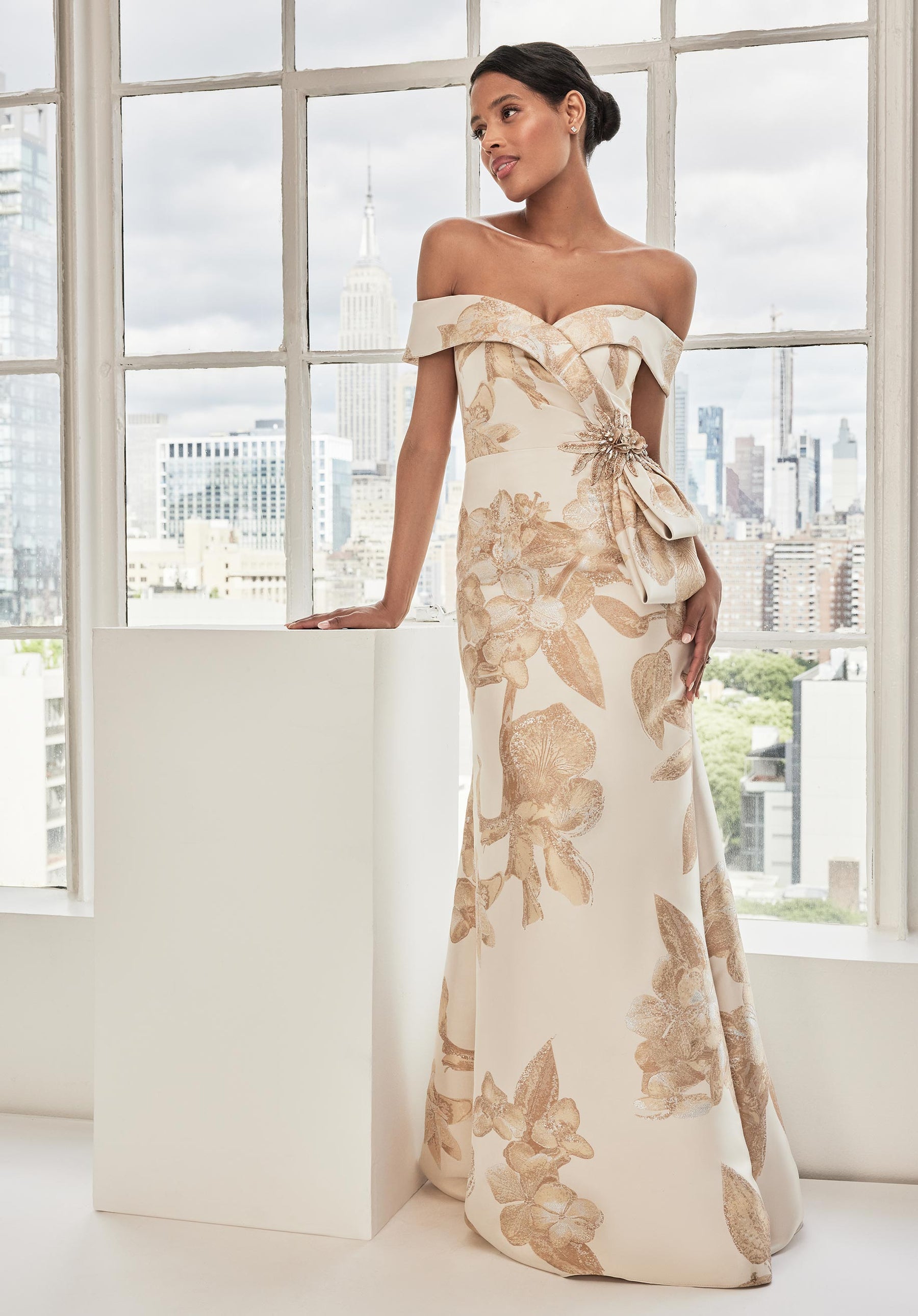 Off Shoulder Brocade Mermaid Gown