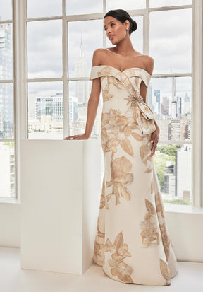 Off Shoulder Brocade Mermaid Gown