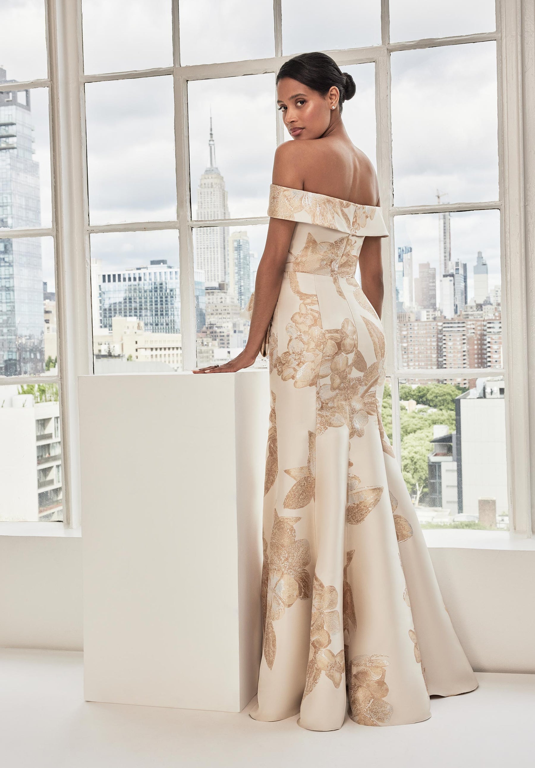 Off Shoulder Brocade Mermaid Gown