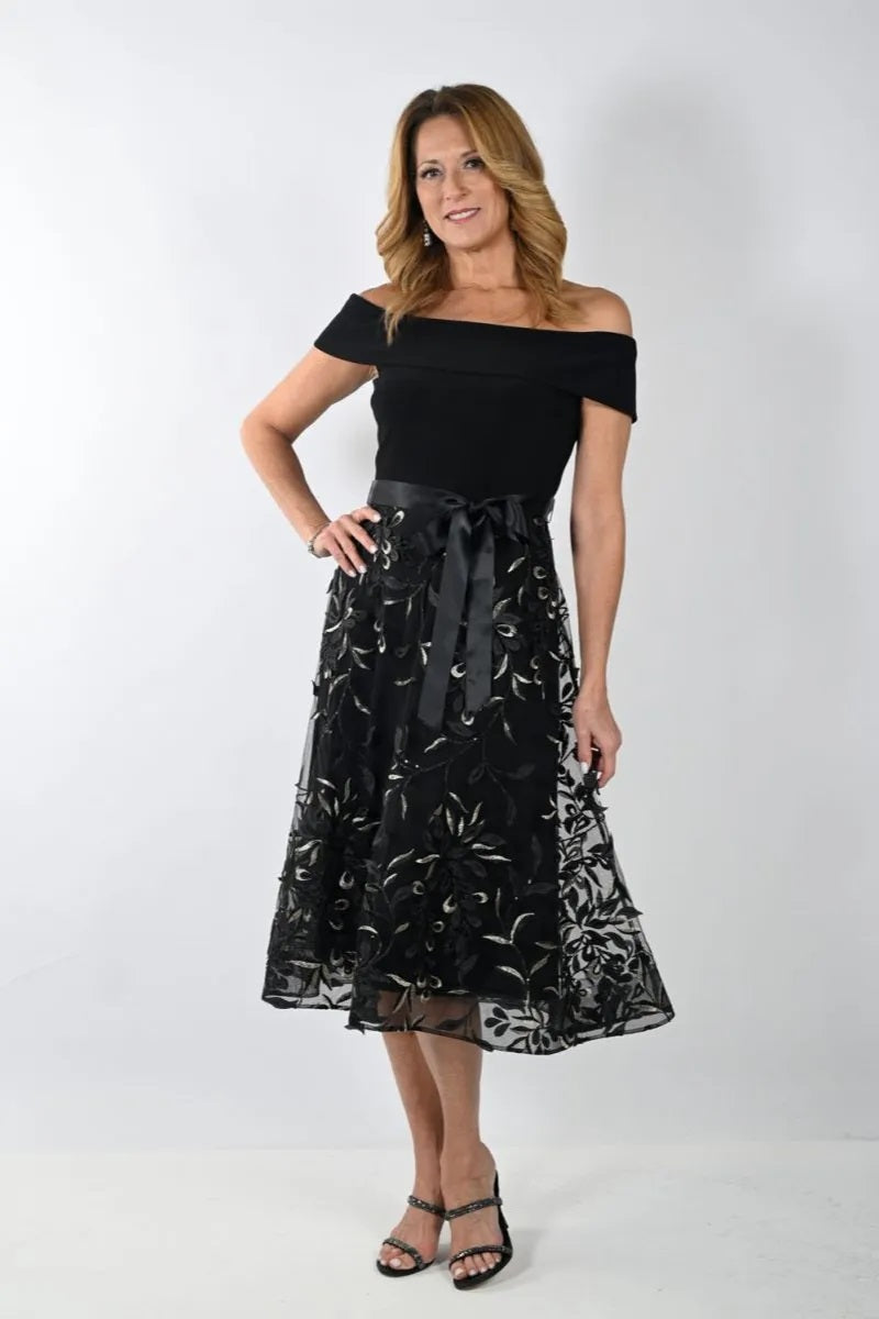 Off Shoulder Cocktail Dress with Embroidered Skirt