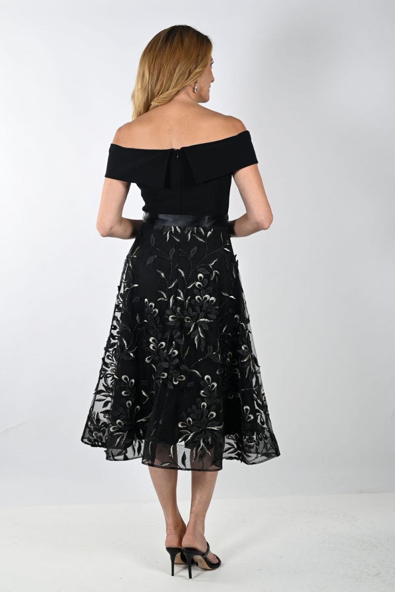 Off Shoulder Cocktail Dress with Embroidered Skirt