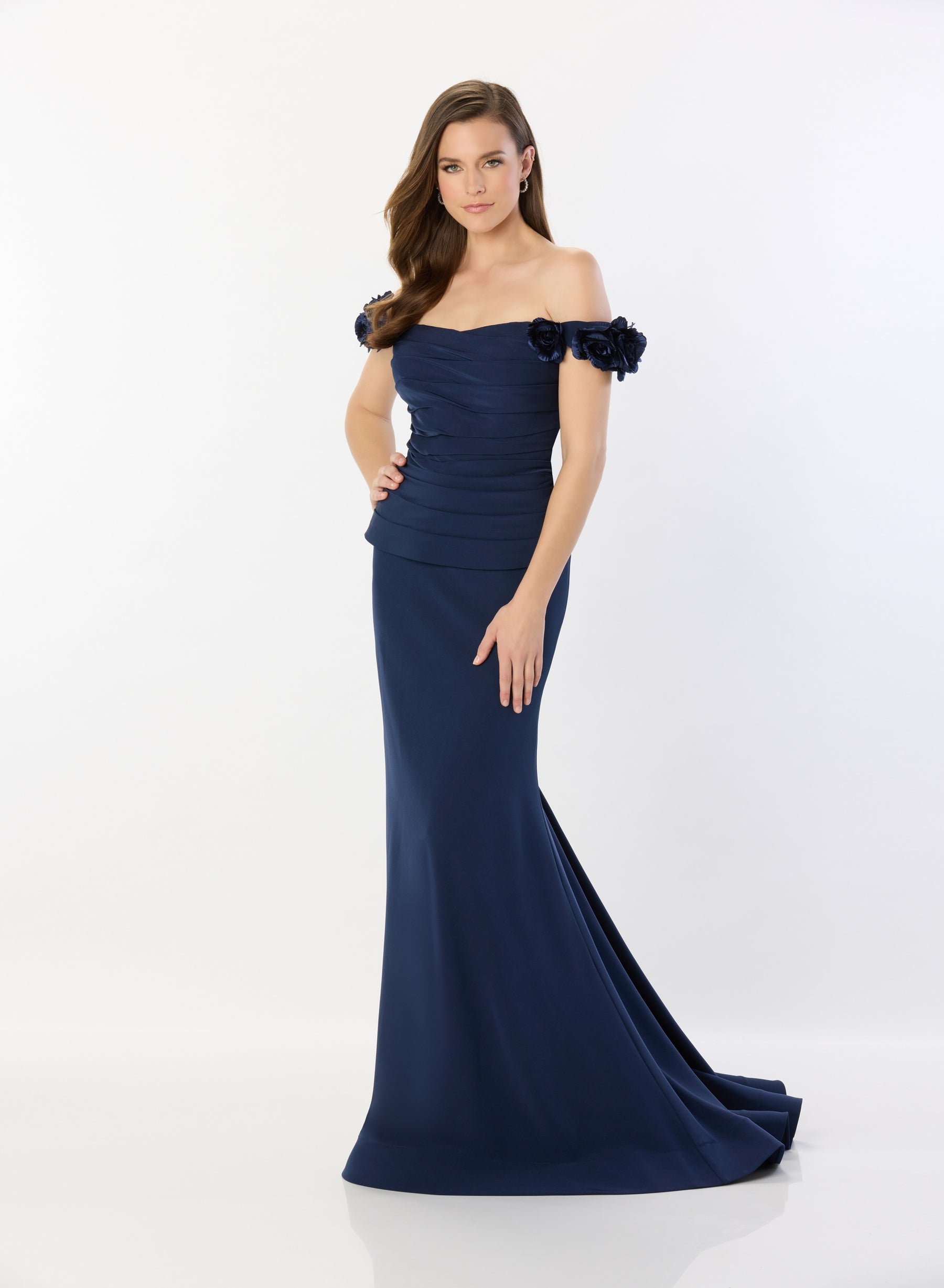 Off Shoulder Gown with Pleated Bodice and 3D Floral Accents