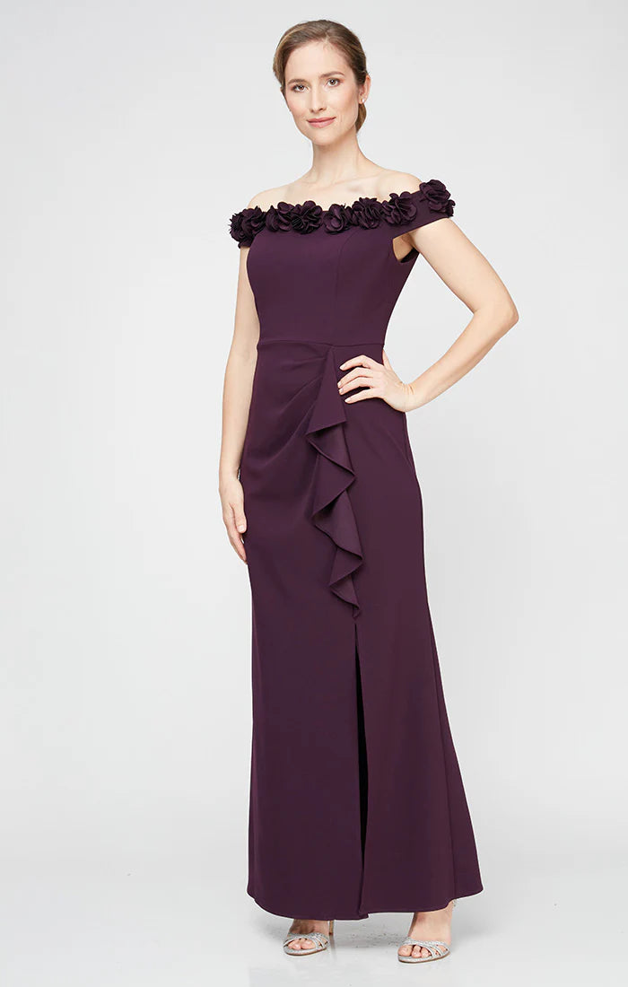 Off Shoulder Long Dress with Rosettes Neckline