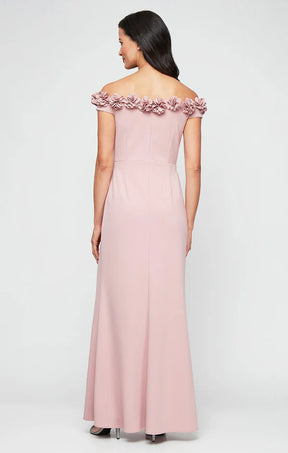 Off Shoulder Long Dress with Rosettes Neckline