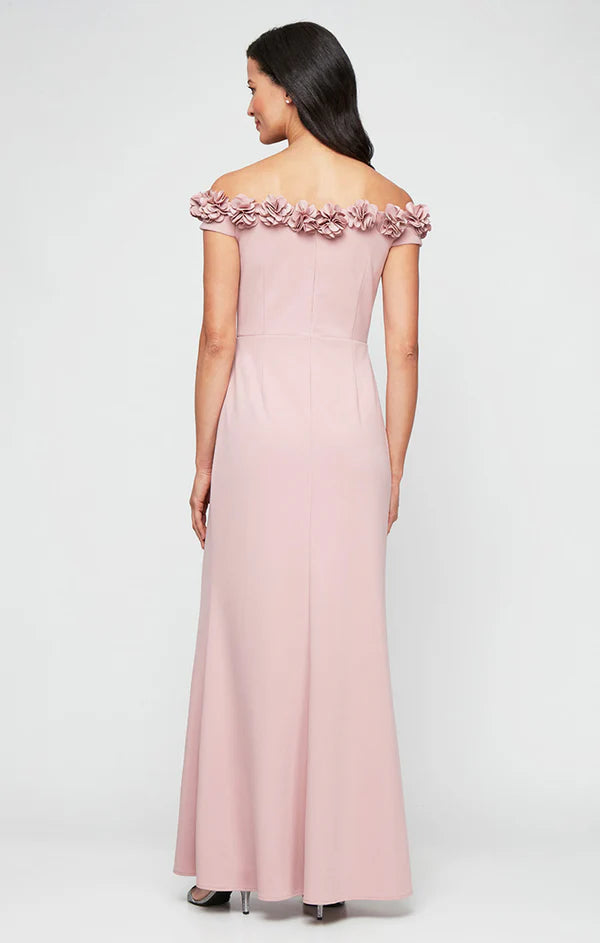 Off Shoulder Long Dress with Rosettes Neckline