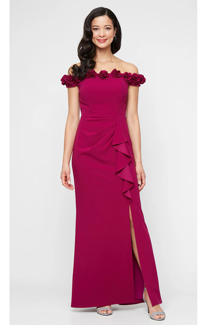Off Shoulder Long Dress with Rosettes Neckline