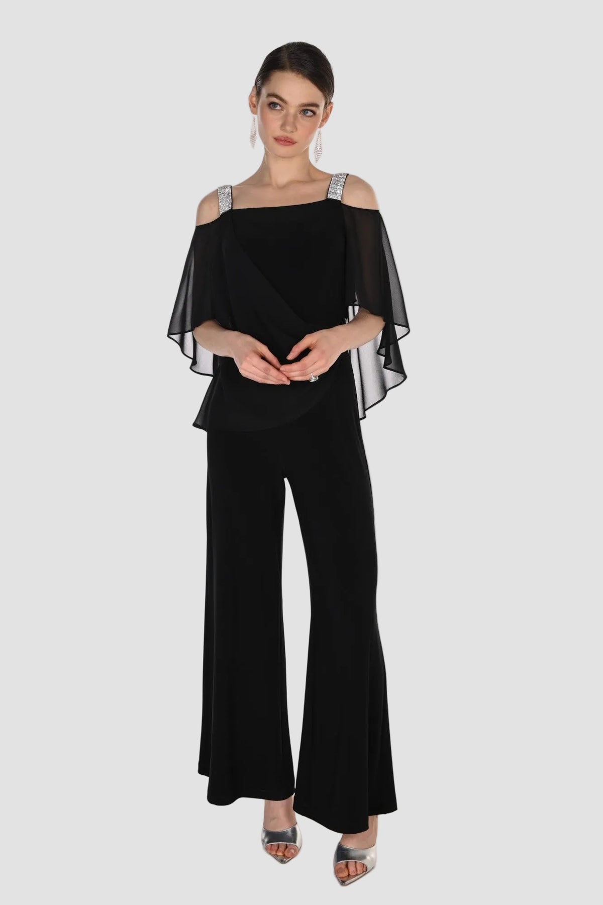 Off Shoulder Rhinestone Detail Jumpsuit with Cape Overlay