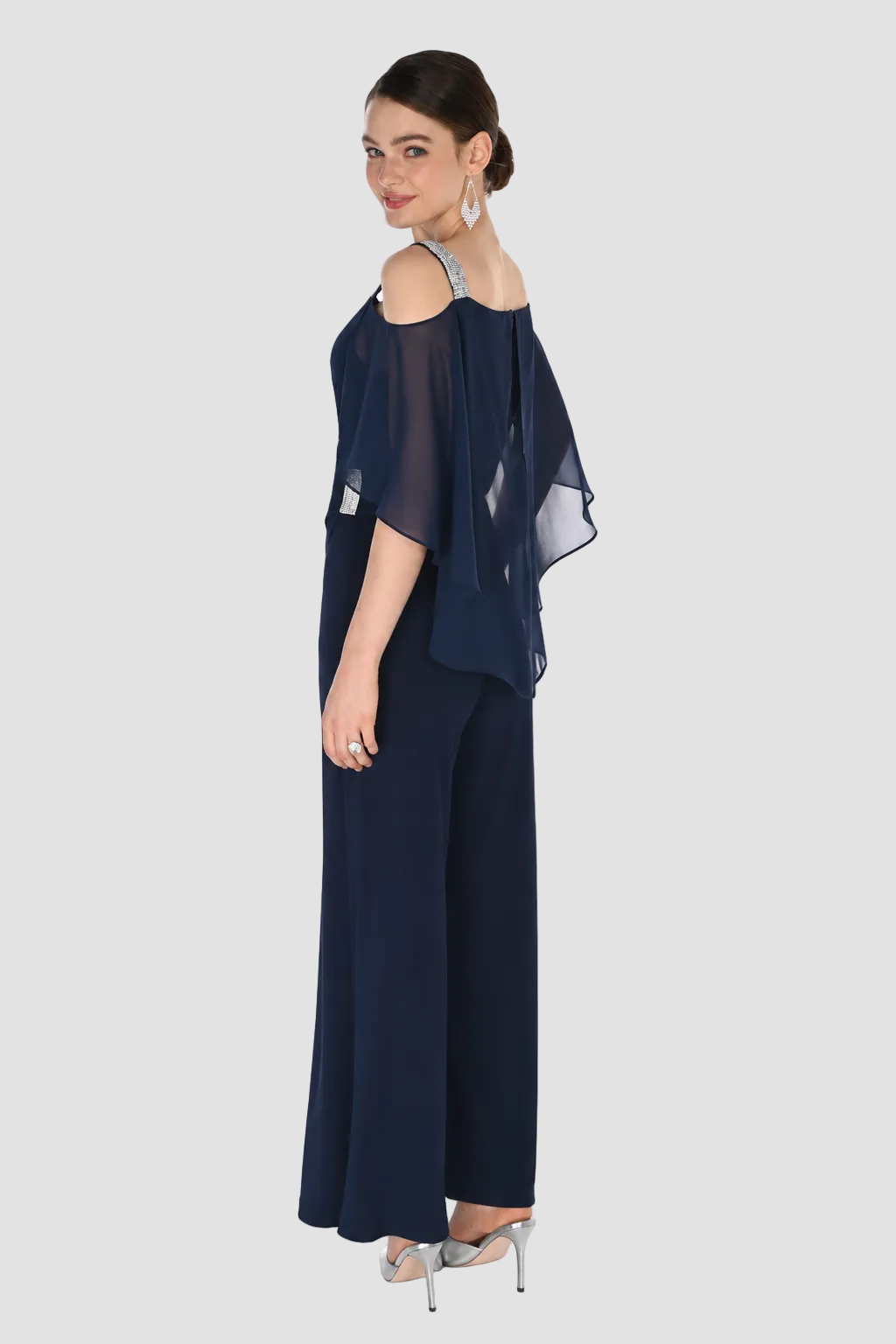 Off Shoulder Rhinestone Detail Jumpsuit with Cape Overlay