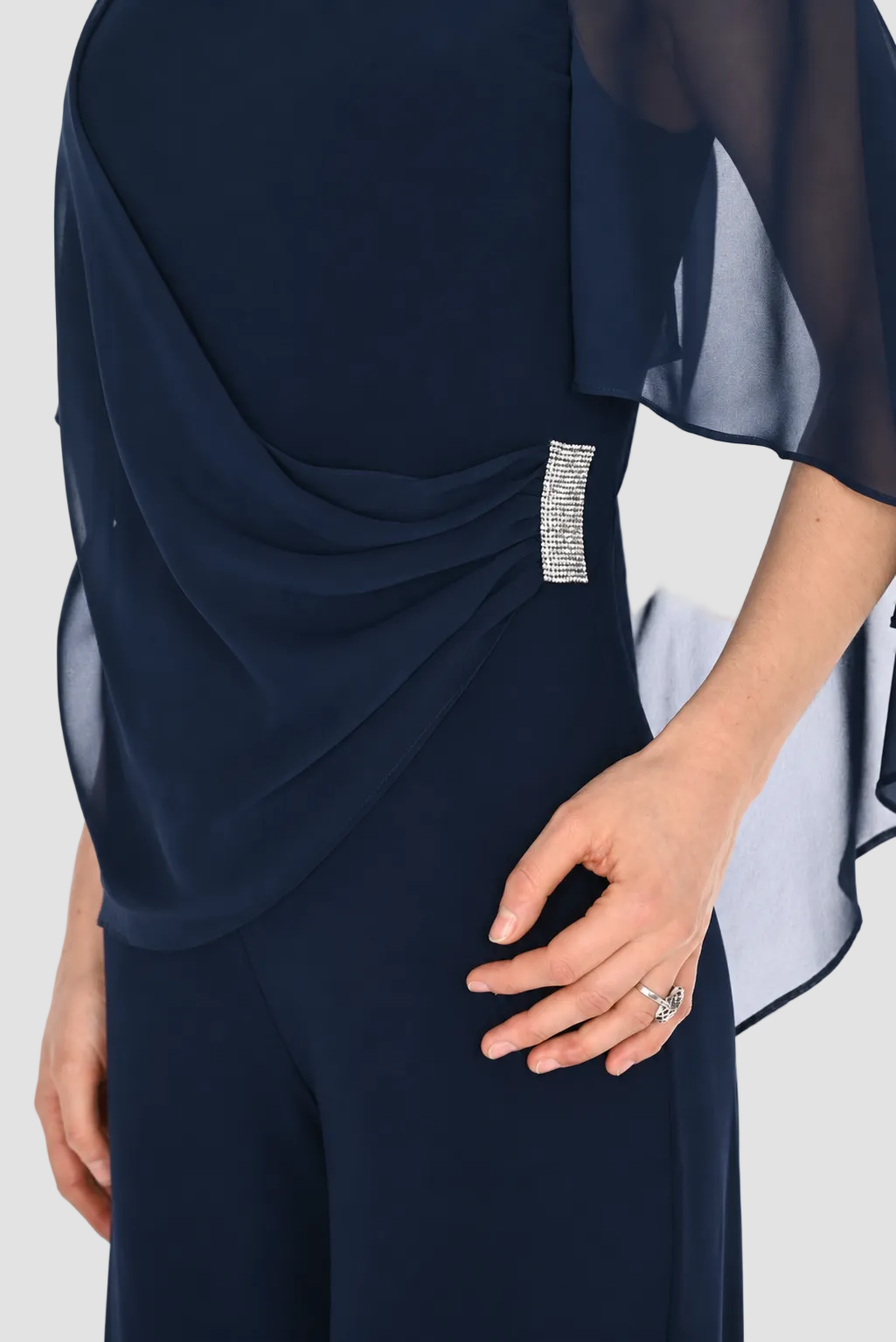 Off Shoulder Rhinestone Detail Jumpsuit with Cape Overlay
