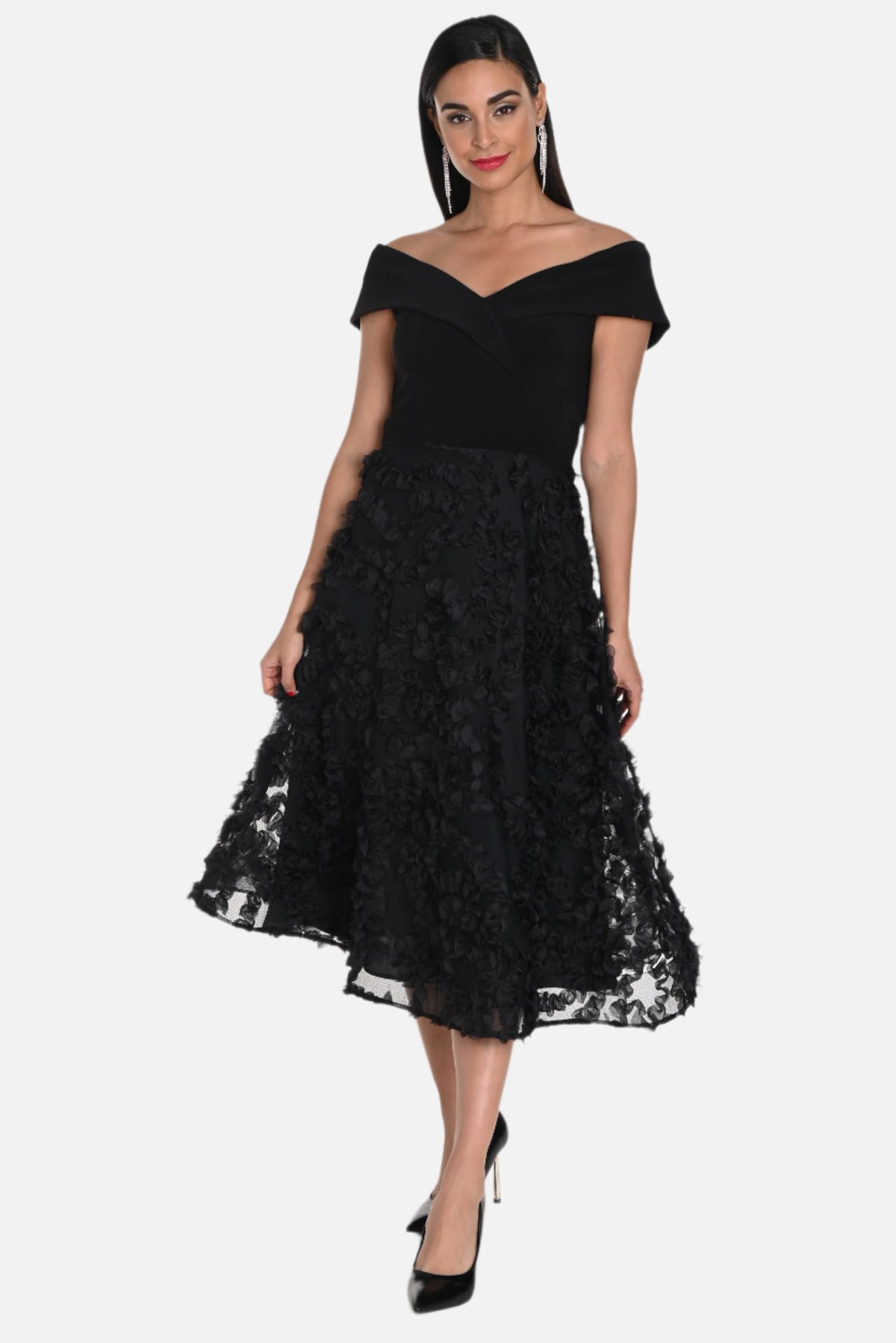 Off Shoulder Ruffled Tulle Midi Dress