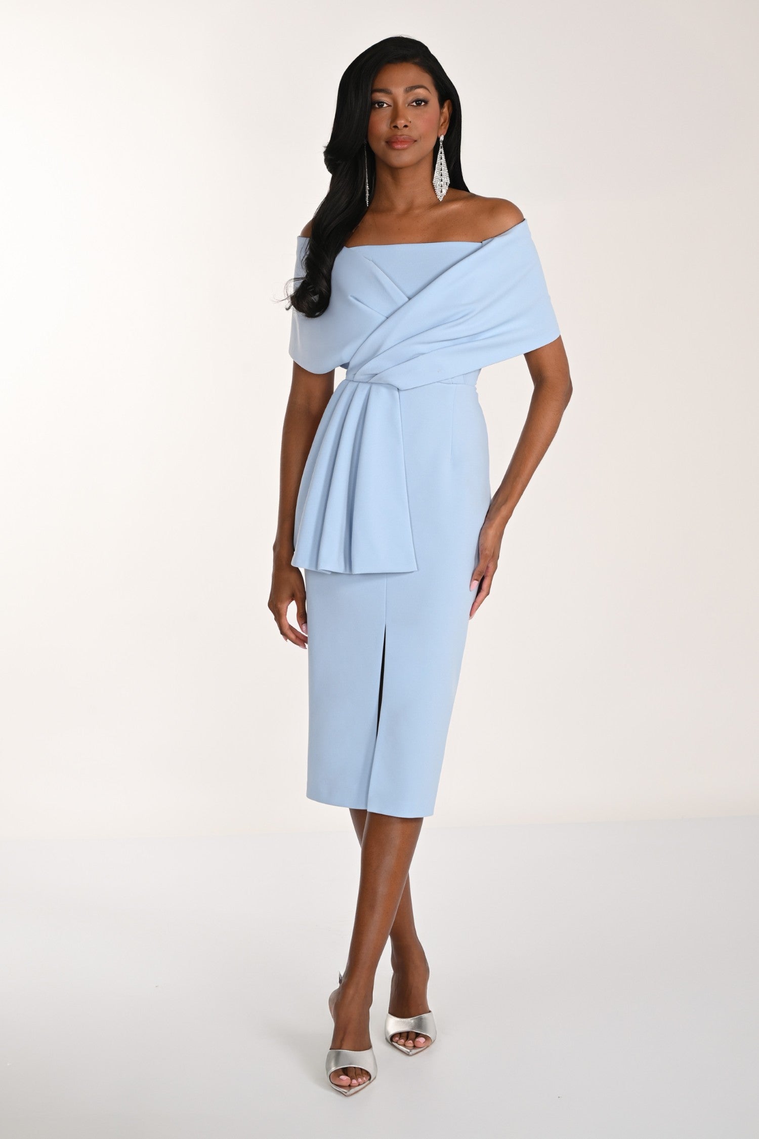 Off Shoulder Shawl Dress with Side Ruffle