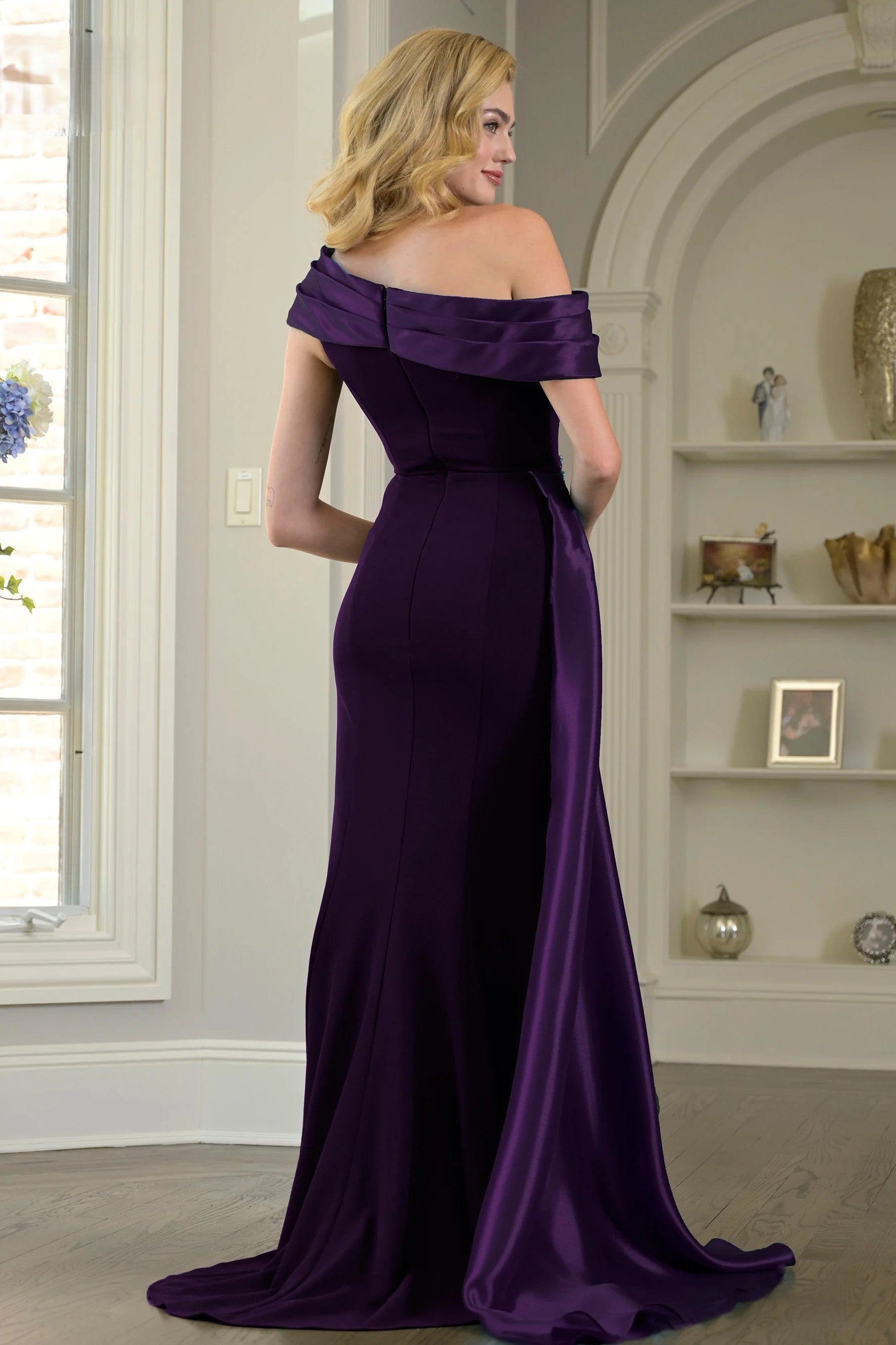 Off Shoulder Stretch Crepe Diamond Organza Gown