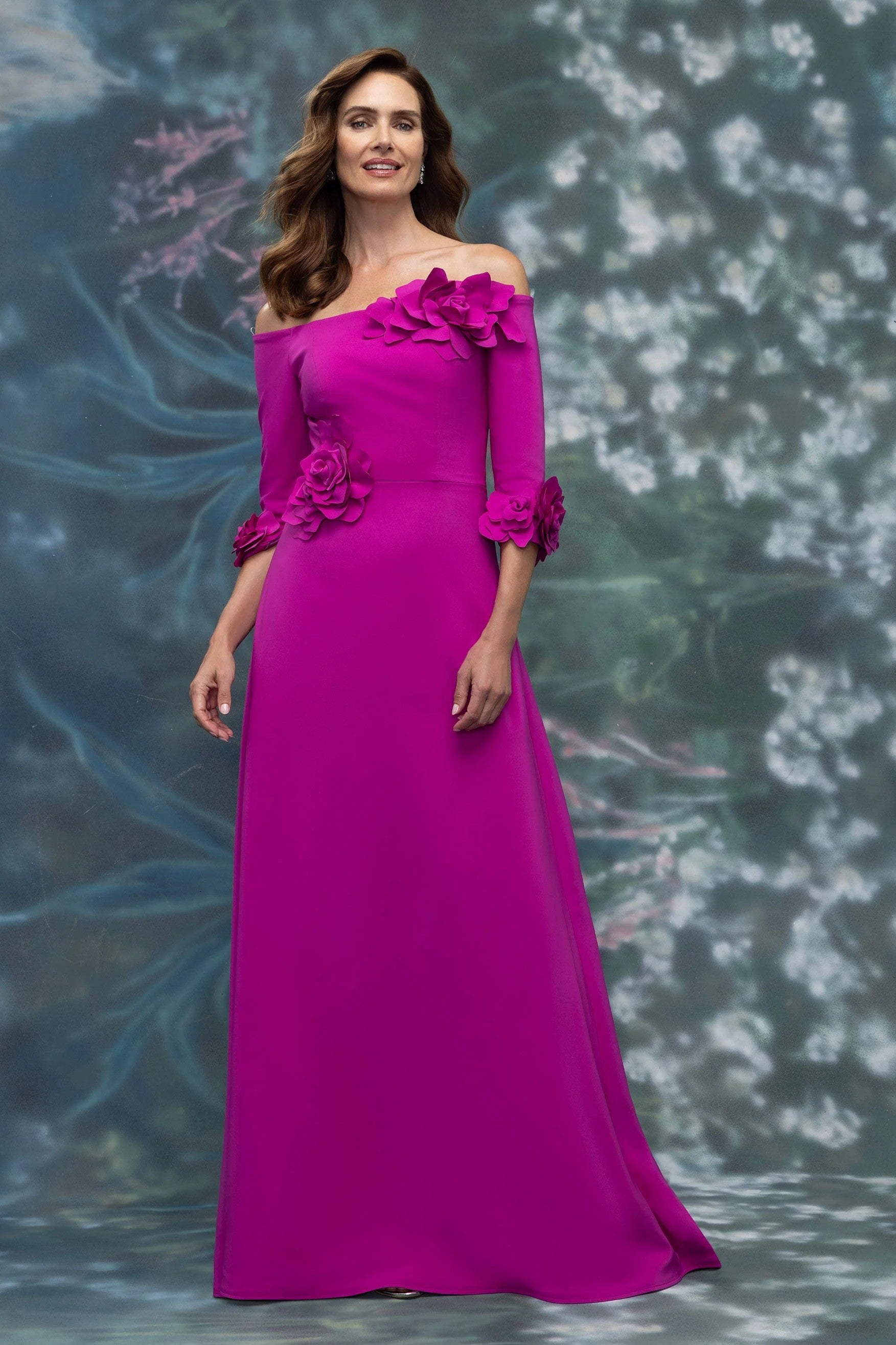 Off Shoulder Stretch Crepe Gown with 3D Petals