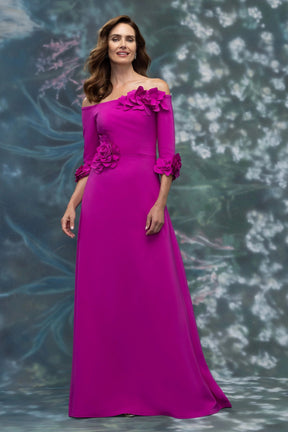 Off Shoulder Stretch Crepe Gown with 3D Petals