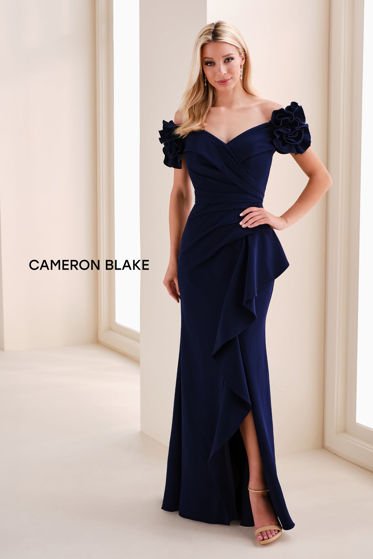 Off Shoulder Waterfall Ruffle Gown with 3D Flowers