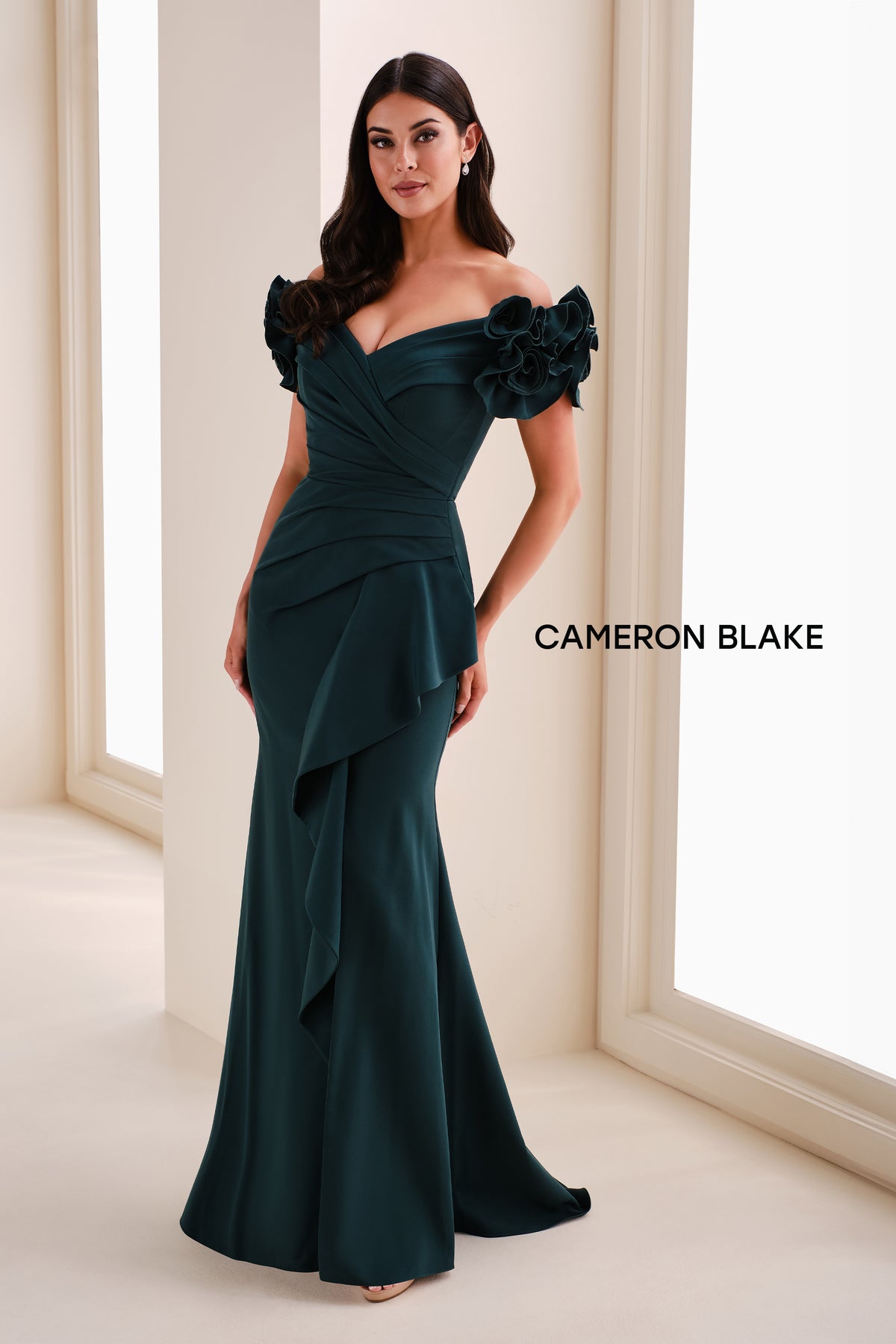 Off Shoulder Waterfall Ruffle Gown with 3D Flowers