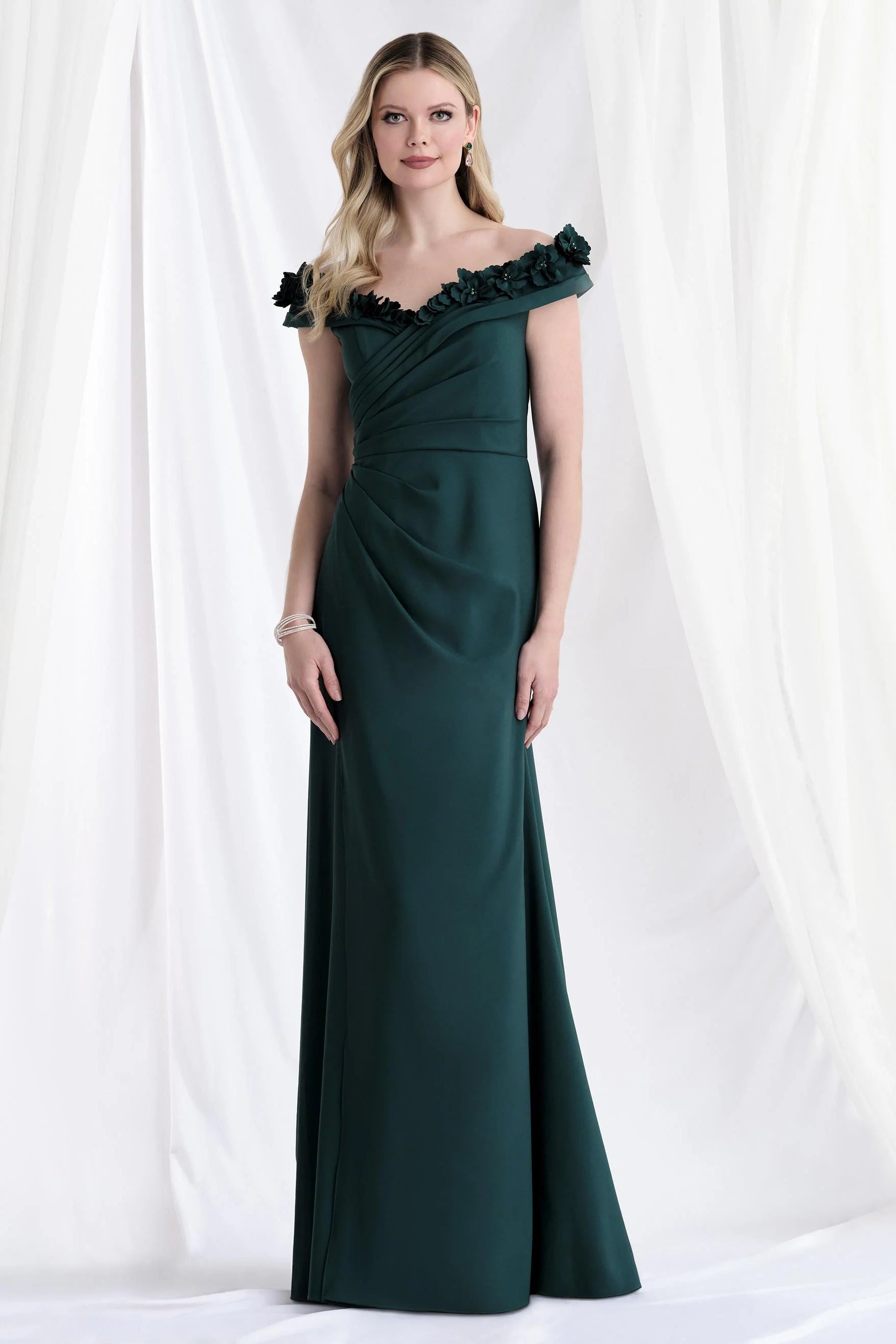 Off Shoulder Wrap Bodice Gown with 3D Flowers