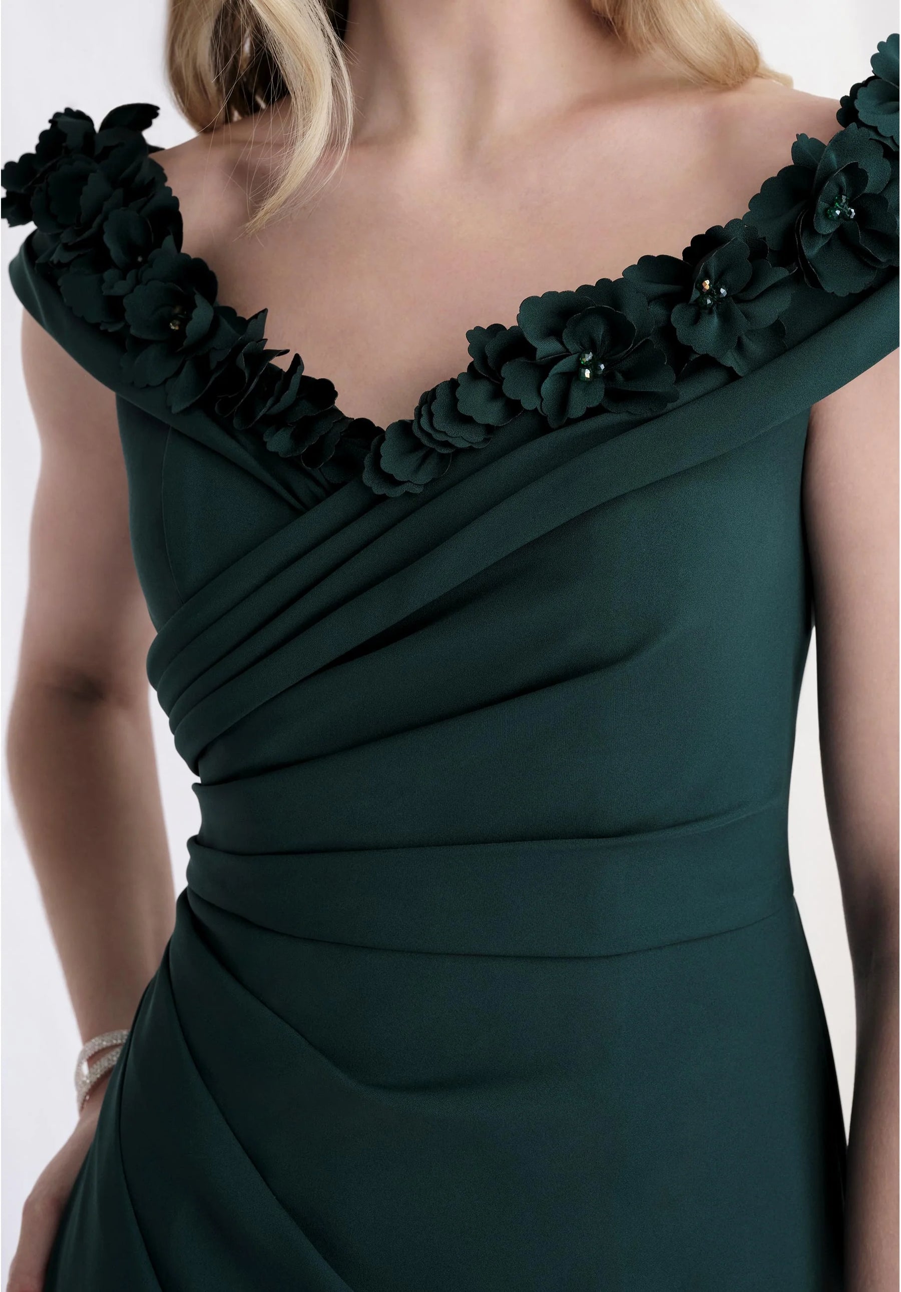 Off Shoulder Wrap Bodice Gown with 3D Flowers