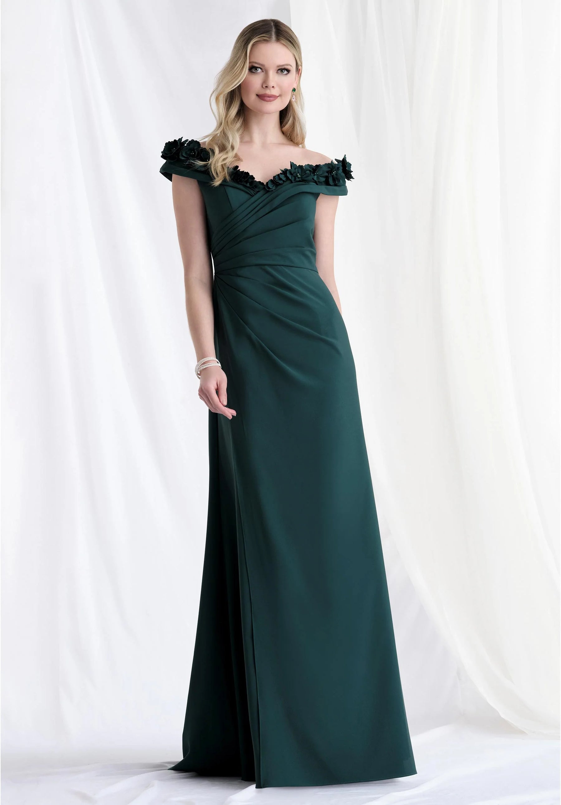 Off Shoulder Wrap Bodice Gown with 3D Flowers