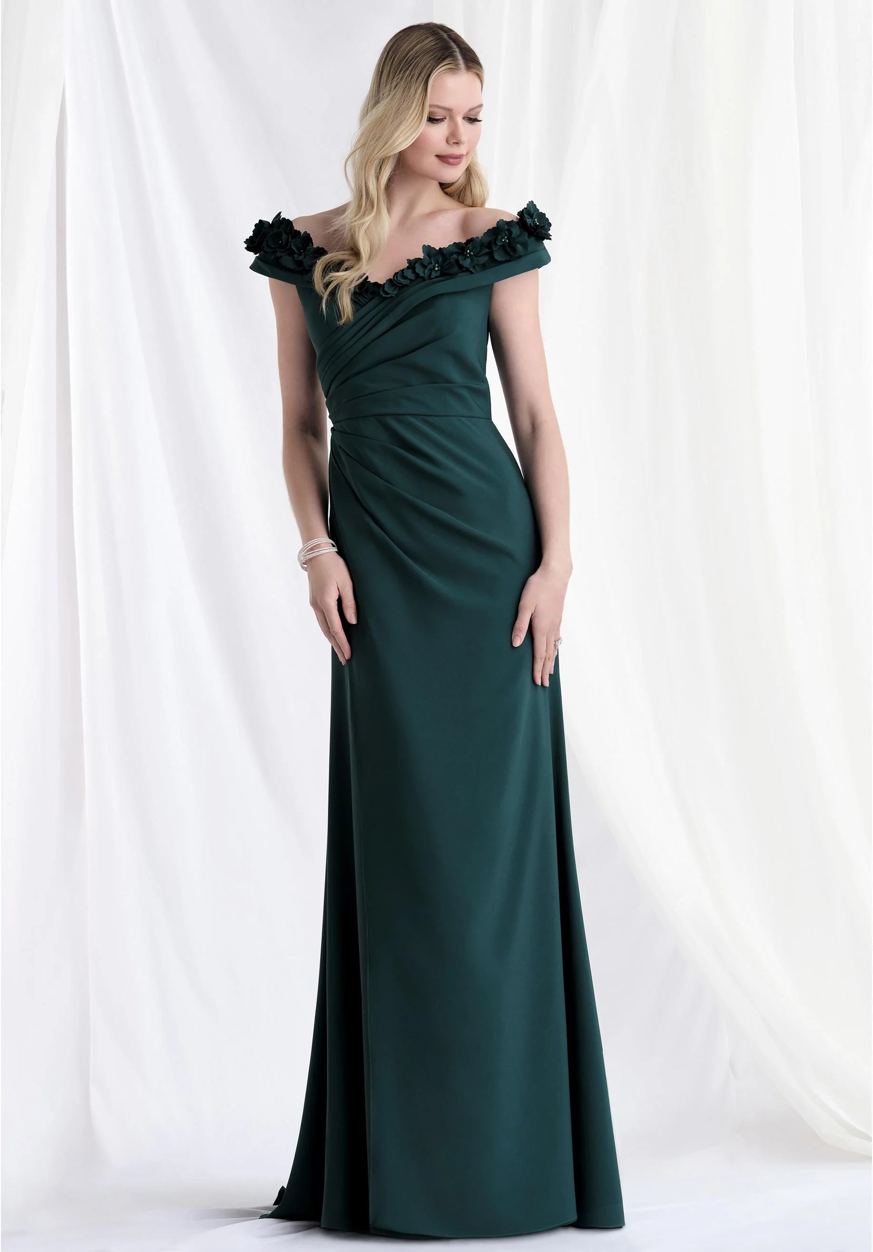 Off Shoulder Wrap Bodice Gown with 3D Flowers