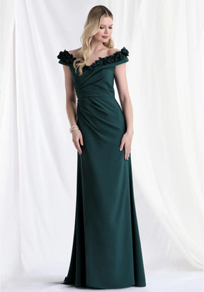 Off Shoulder Wrap Bodice Gown with 3D Flowers