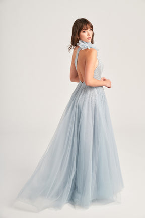 One Shoulder Beaded Gown with Organza Flower