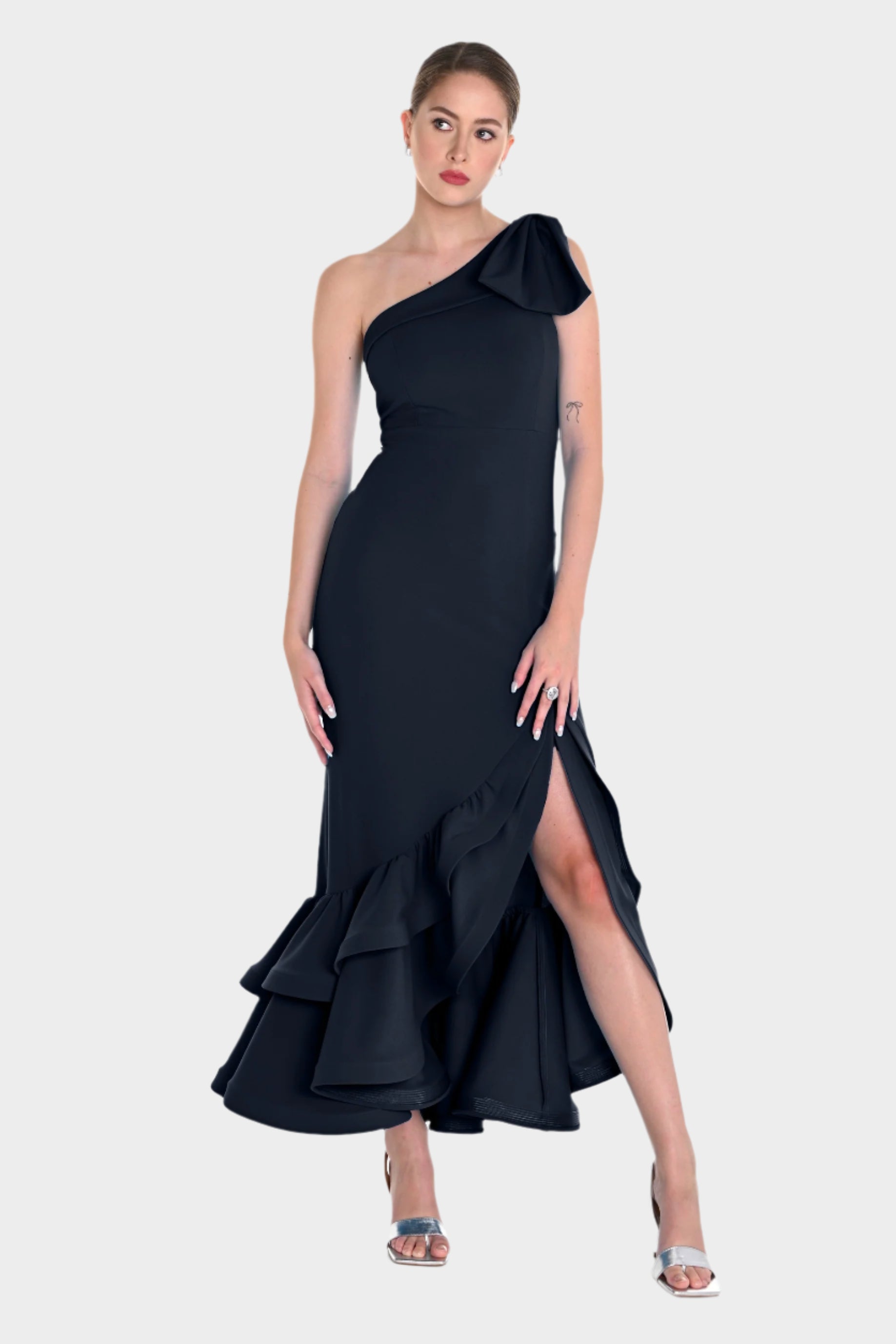 One Shoulder Bow Accent Gown with Ruffle Hem | Lizzy's by Cathy Allan