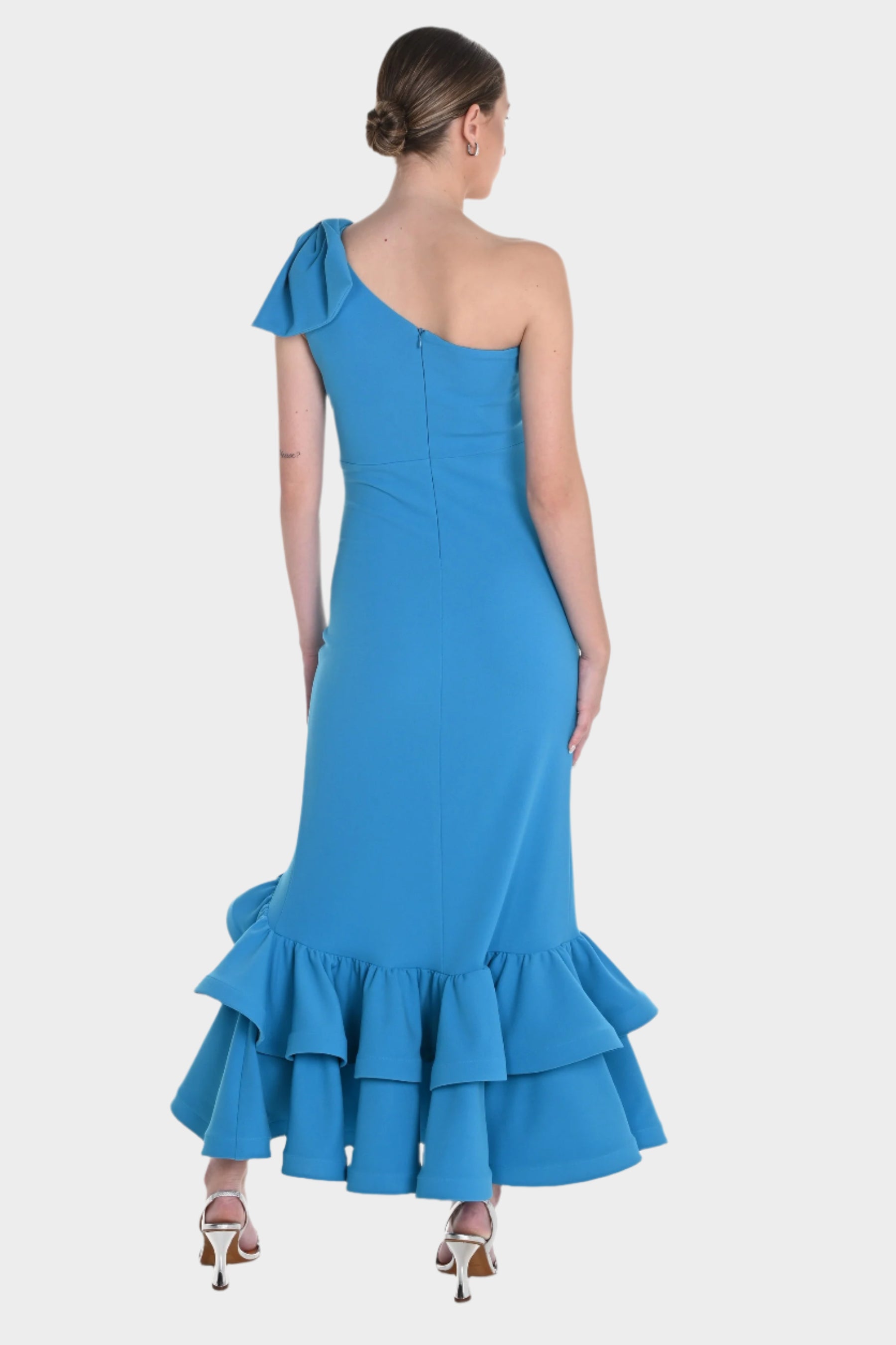 One Shoulder Bow Accent Gown with Ruffle Hem