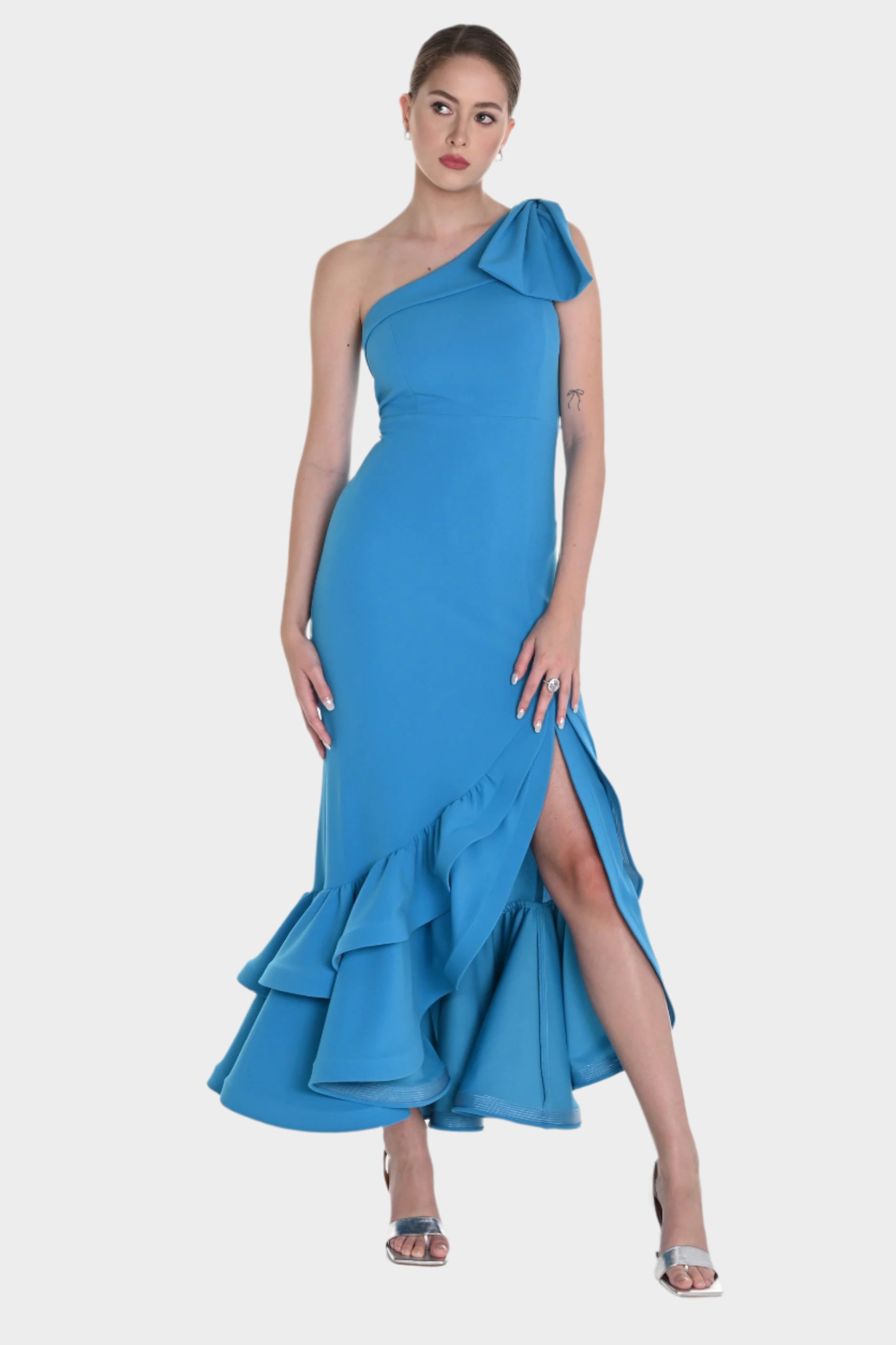 One Shoulder Bow Accent Gown with Ruffle Hem