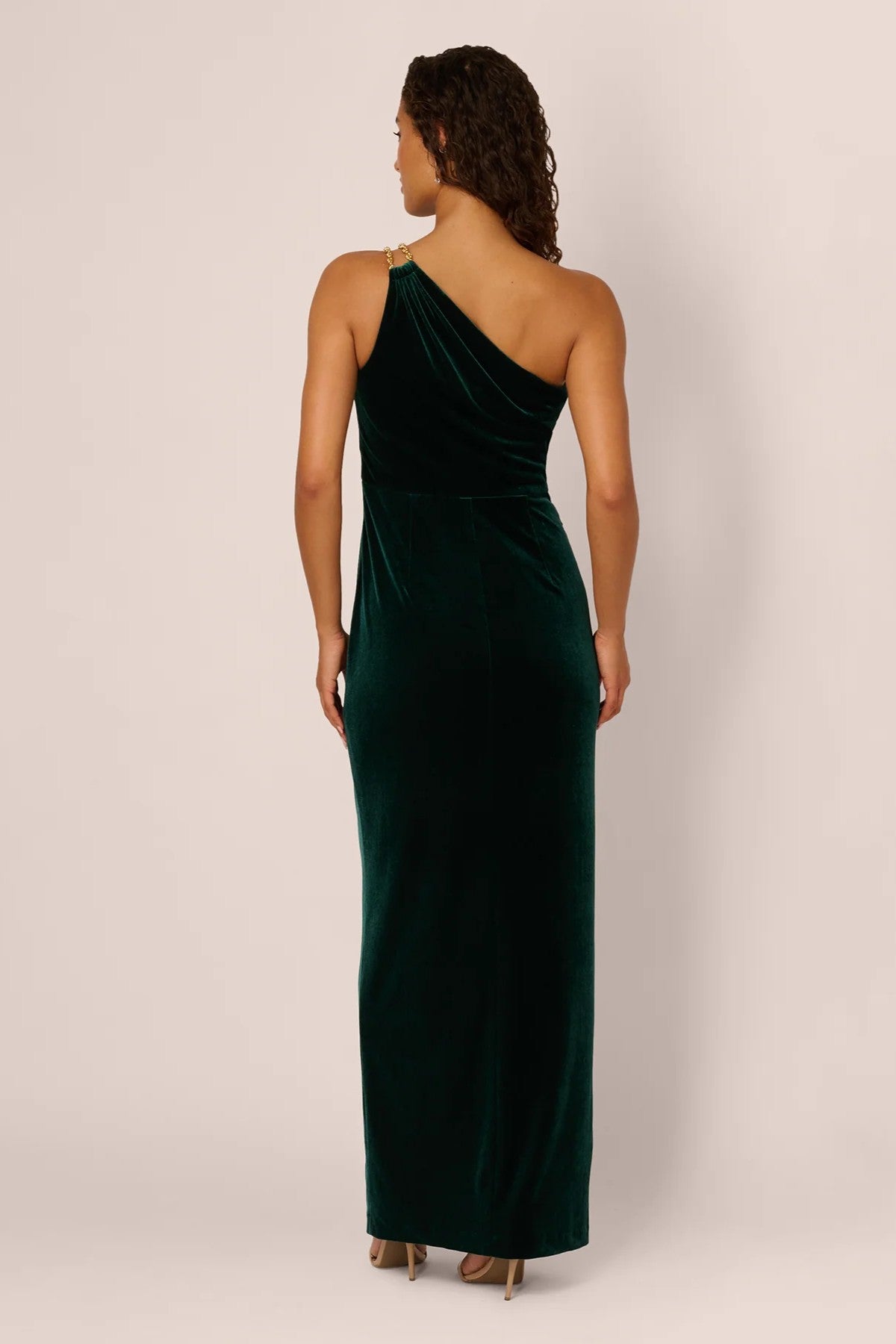 One Shoulder Draped Velvet Gown With Chain Accent