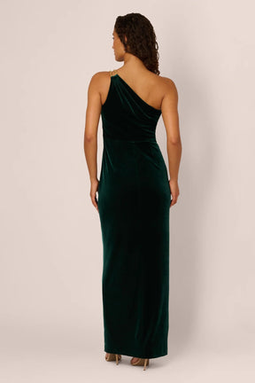 One Shoulder Draped Velvet Gown With Chain Accent
