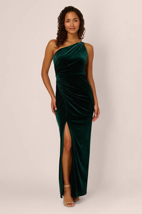 One Shoulder Draped Velvet Gown With Chain Accent