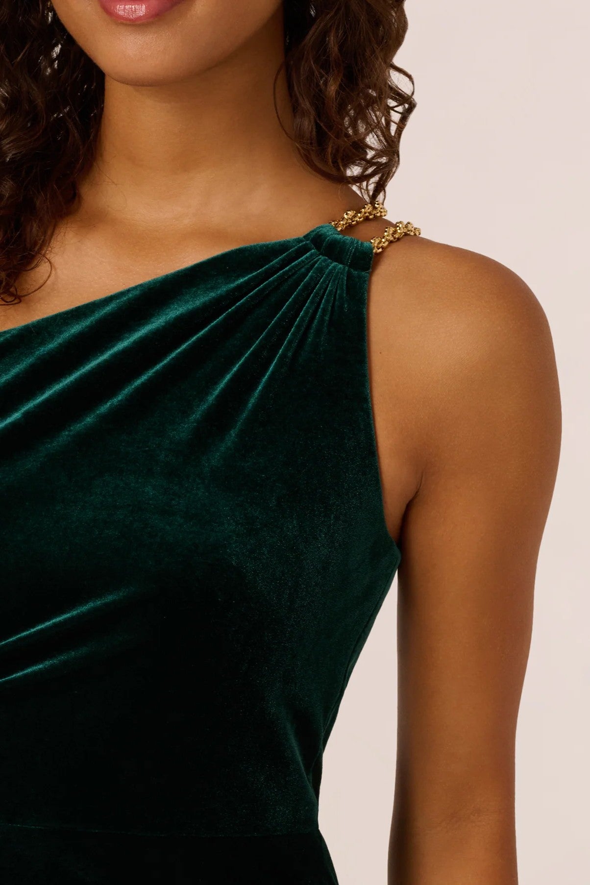 One Shoulder Draped Velvet Gown With Chain Accent