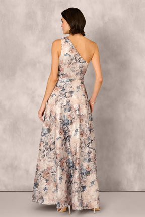 One Shoulder Floral Jacquard Ruffle Gown