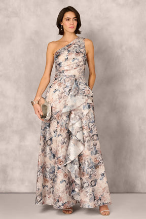 One Shoulder Floral Jacquard Ruffle Gown
