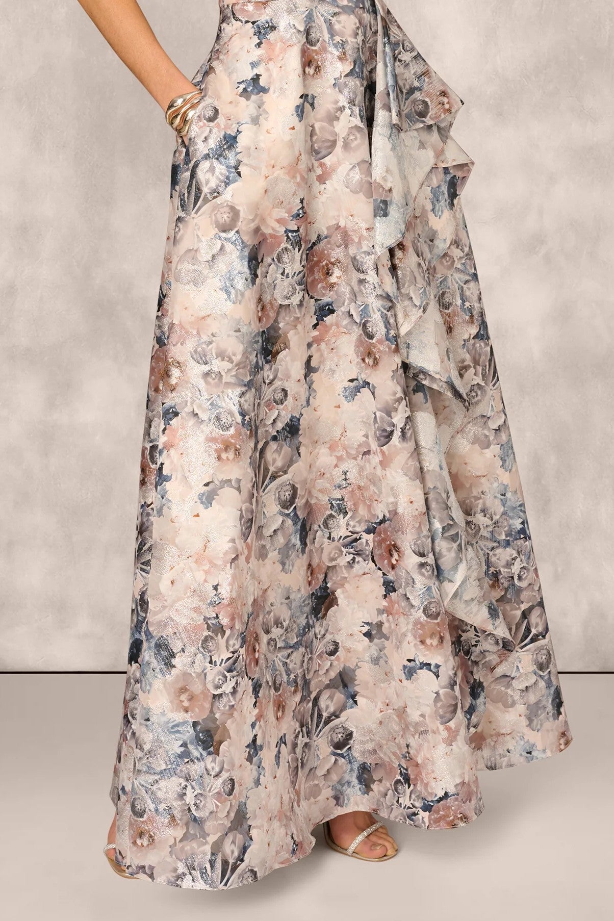 One Shoulder Floral Jacquard Ruffle Gown