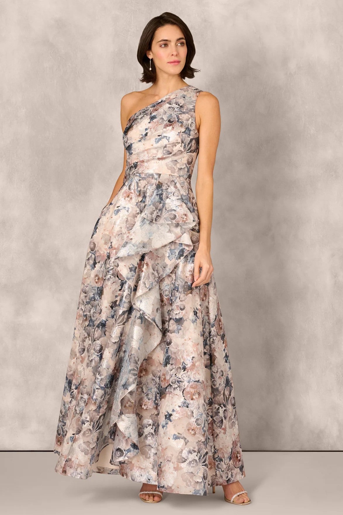 One Shoulder Floral Jacquard Ruffle Gown
