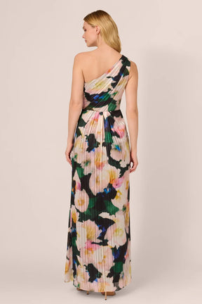 One Shoulder Floral Pleated Chiffon Gown