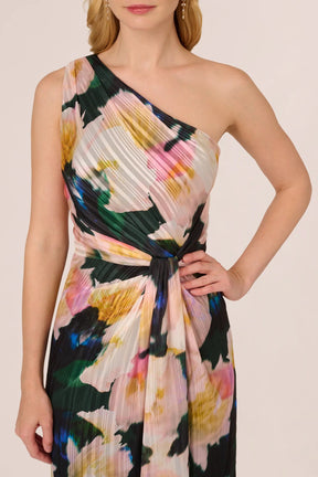 One Shoulder Floral Pleated Chiffon Gown