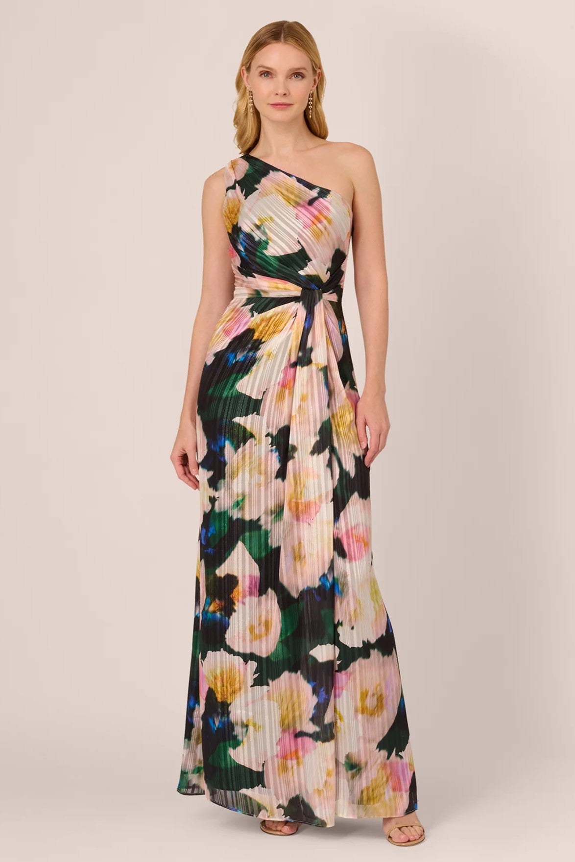 One Shoulder Floral Pleated Chiffon Gown