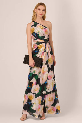 One Shoulder Floral Pleated Chiffon Gown