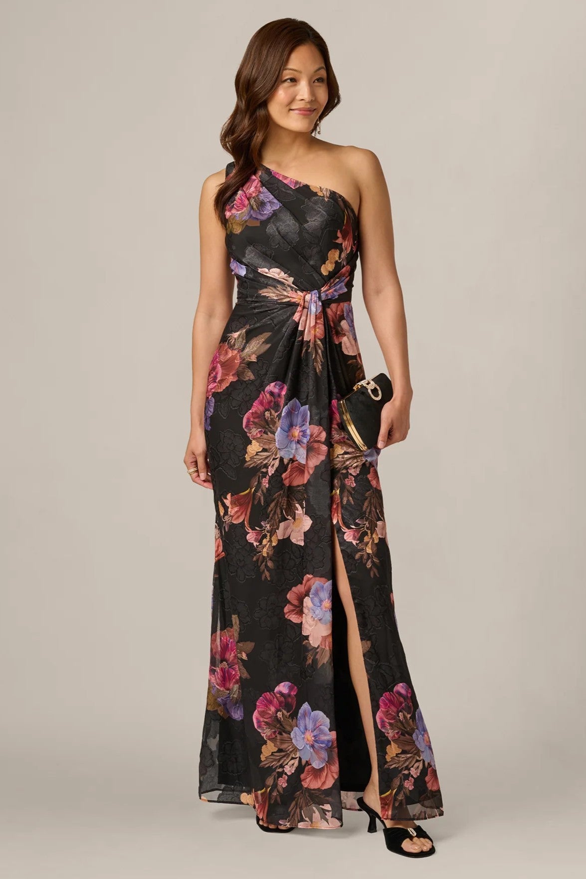 One Shoulder Knot Waist Floral Chiffon Gown
